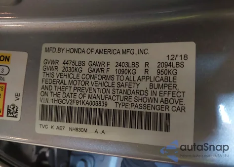 2019 Honda Accord Touring 2.0T from USA, damaged, VIN 1HGCV2F91KA006839